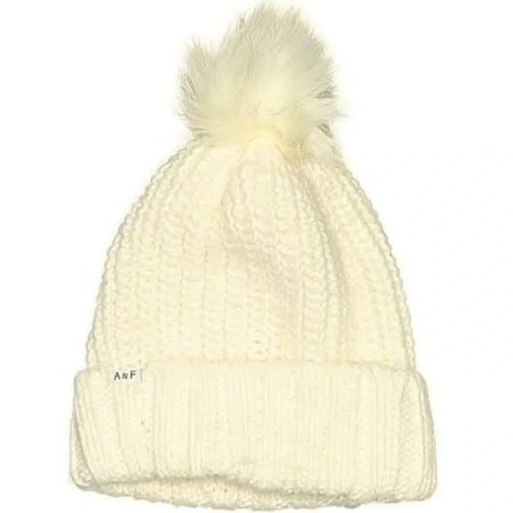 Abercrombie & Fitch Kids Cream Ribbed Knit Beanie with Faux‎ Fur Pom Pom A&F